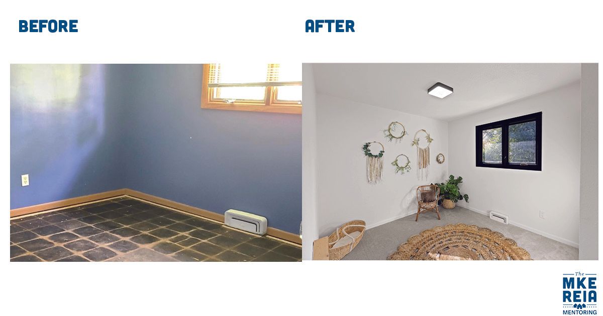 A before and after photo of a room with a rug