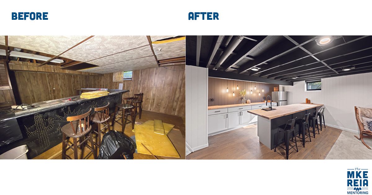 A before and after photo of a basement bar and kitchen.