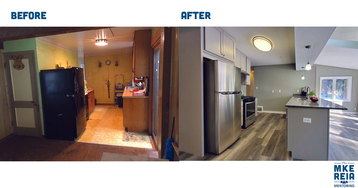 A before and after photo of a kitchen with stainless steel appliances.