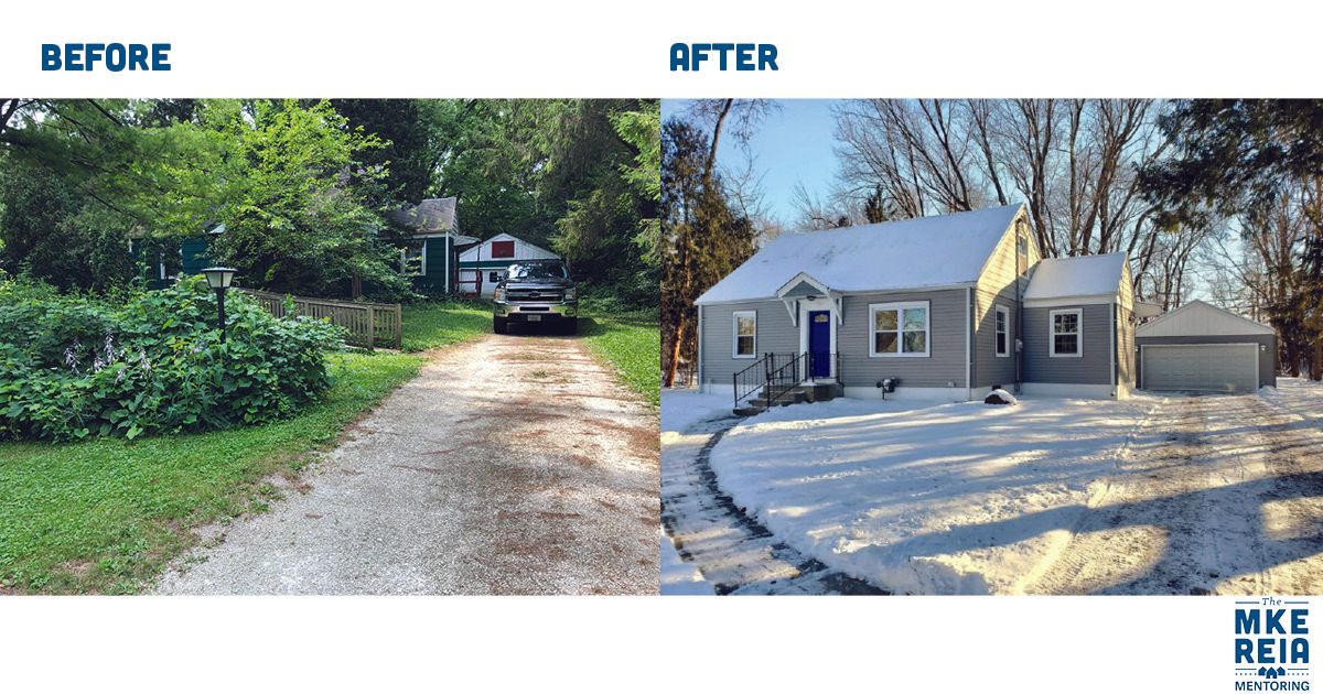 A before and after photo of a house with snow on the ground