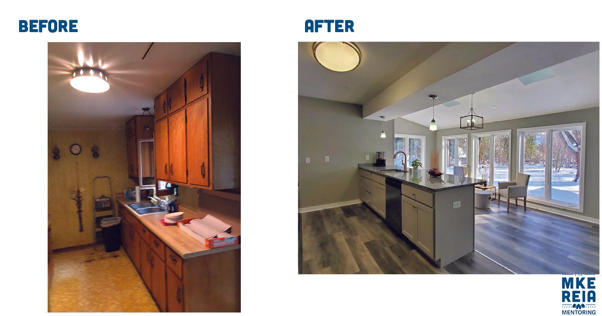 A before and after picture of a kitchen with wooden cabinets