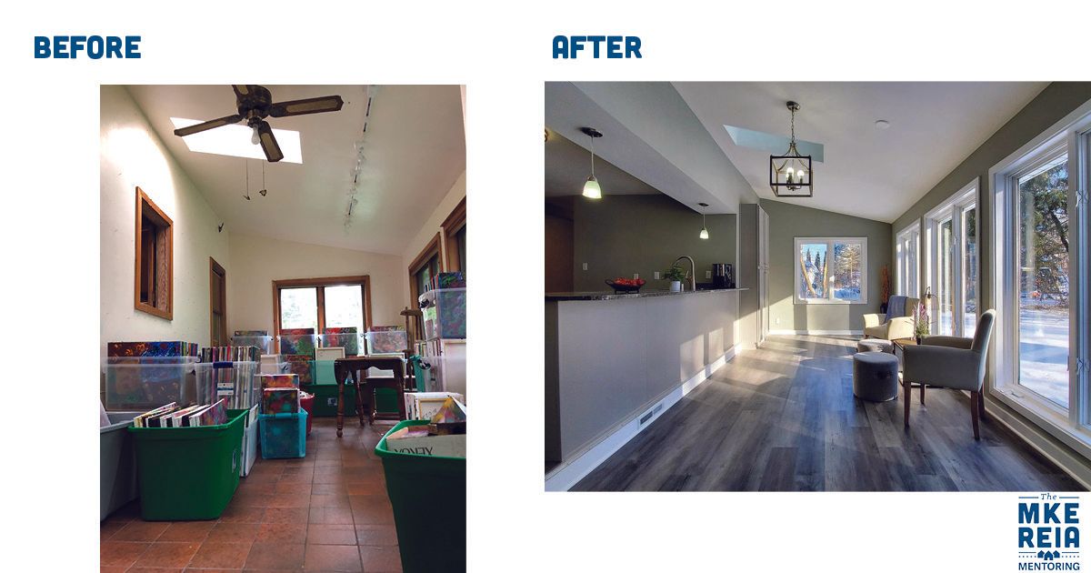 A before and after photo of a living room and kitchen.