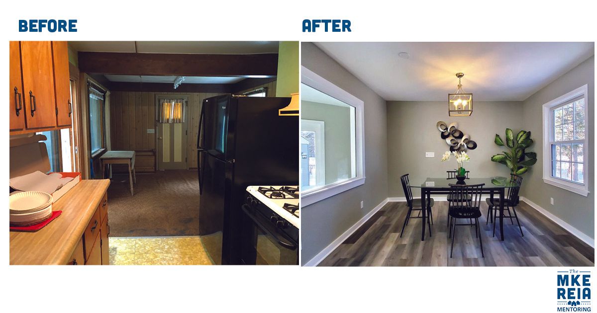 A before and after photo of a kitchen and dining room