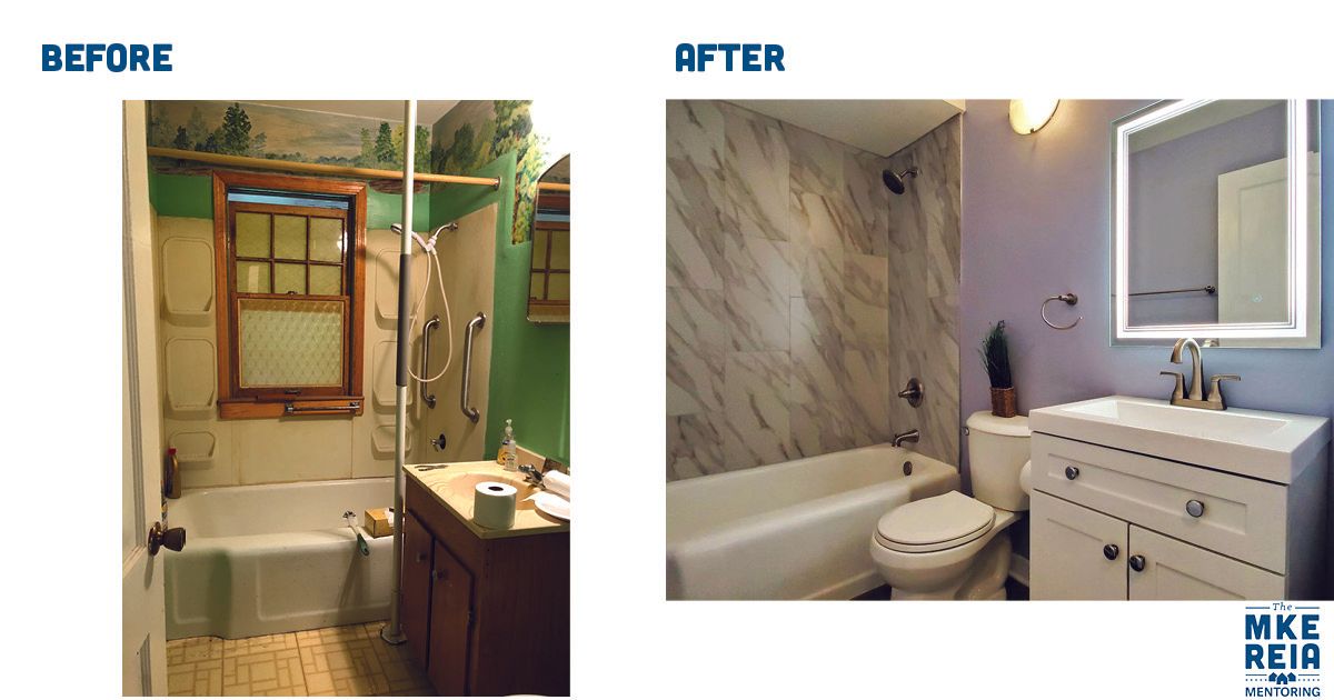 A before and after picture of a bathroom