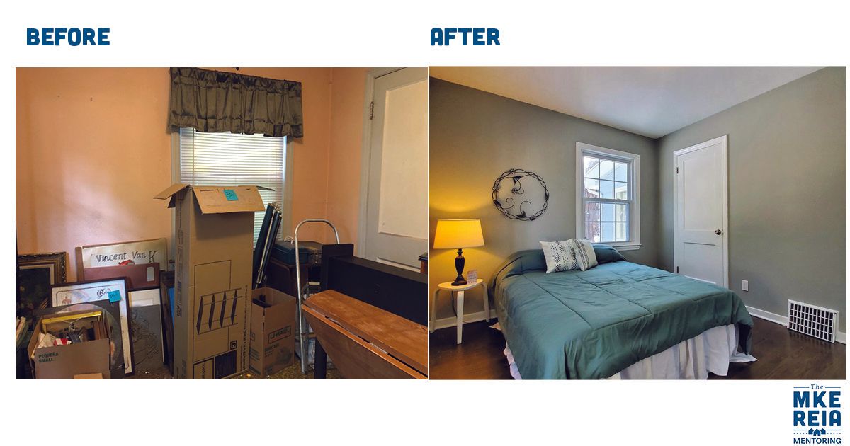 A before and after photo of a bedroom with a bed