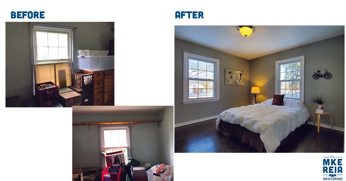 There is a before and after picture of a bedroom.