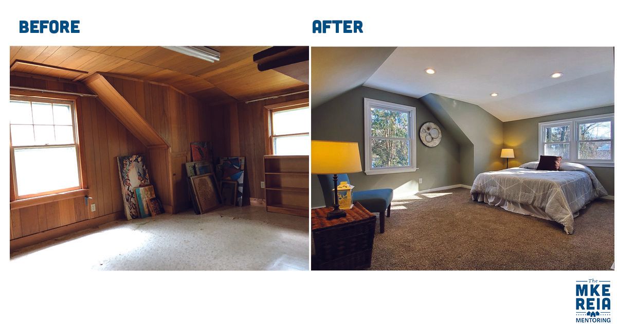 A before and after photo of a bedroom with a bed