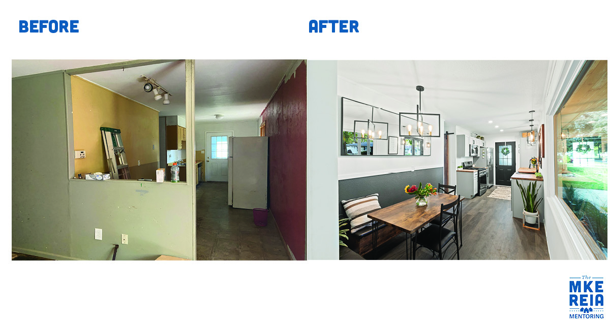 A before and after photo of a kitchen and dining room.