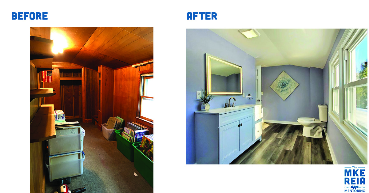 A before and after picture of a bathroom