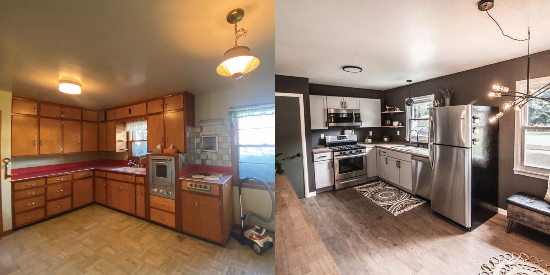 A before and after photo of a kitchen with wooden cabinets and stainless steel appliances.