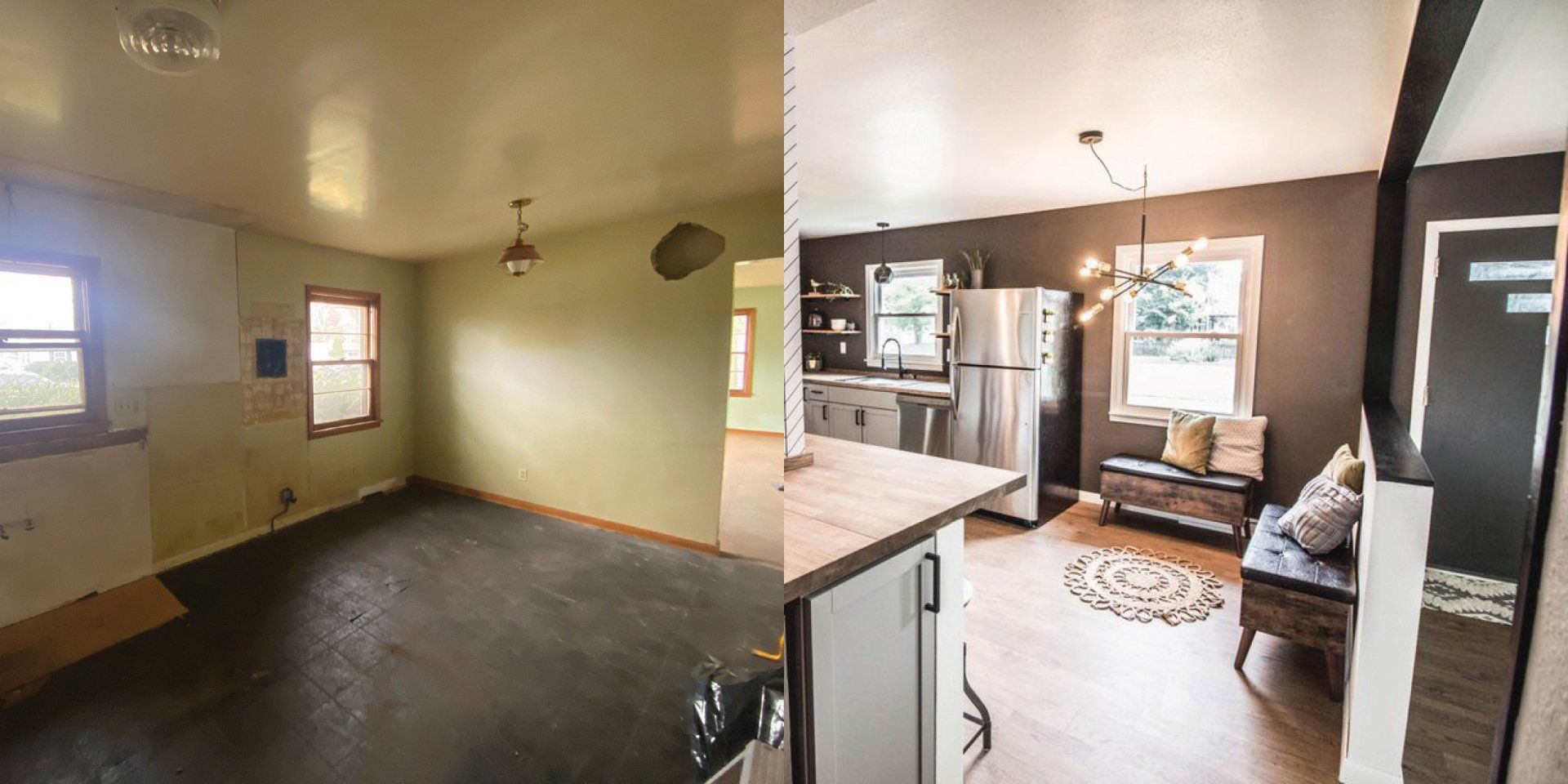 A before and after photo of a living room and a kitchen.