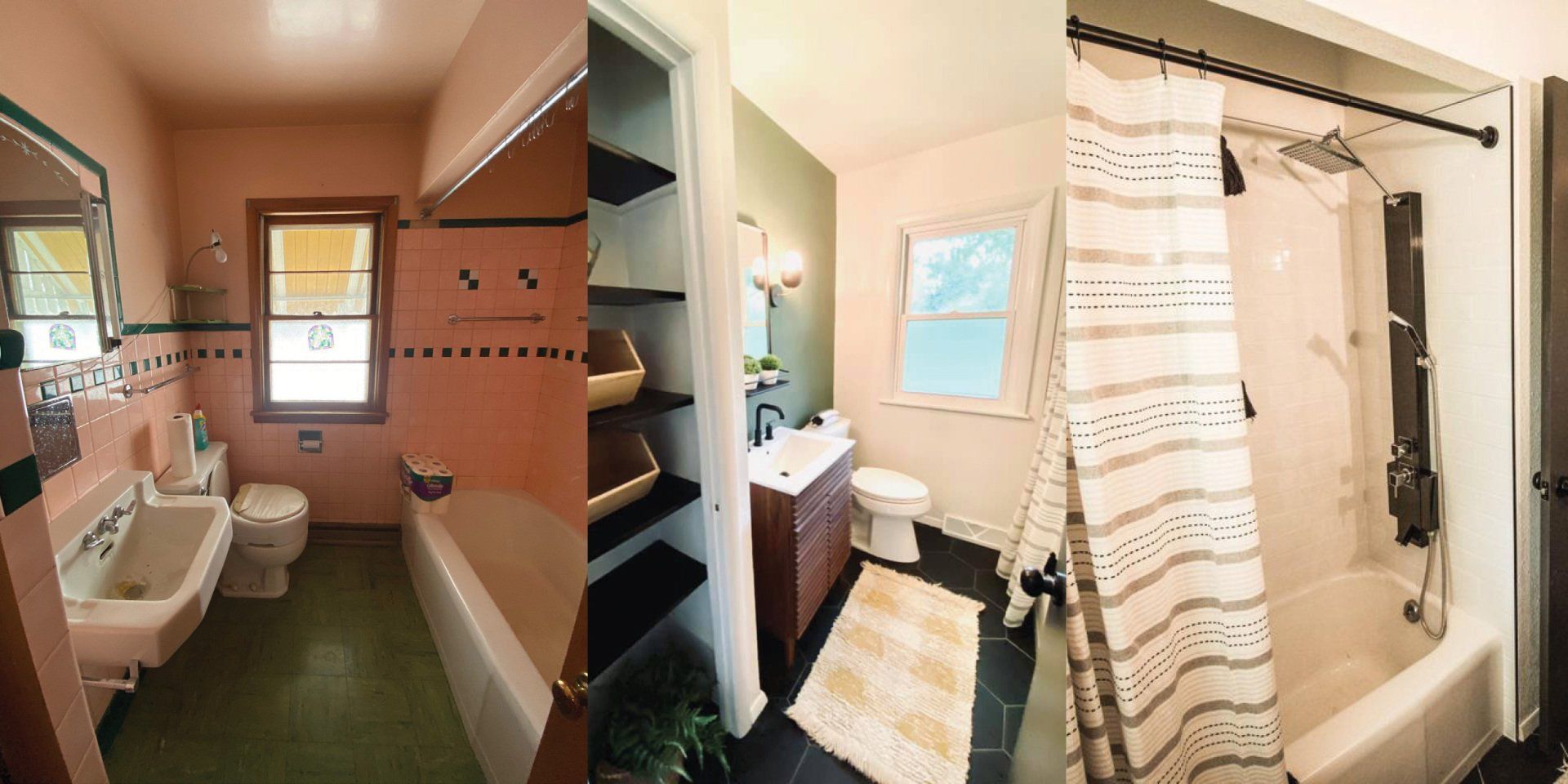 A before and after photo of a bathroom with pink walls