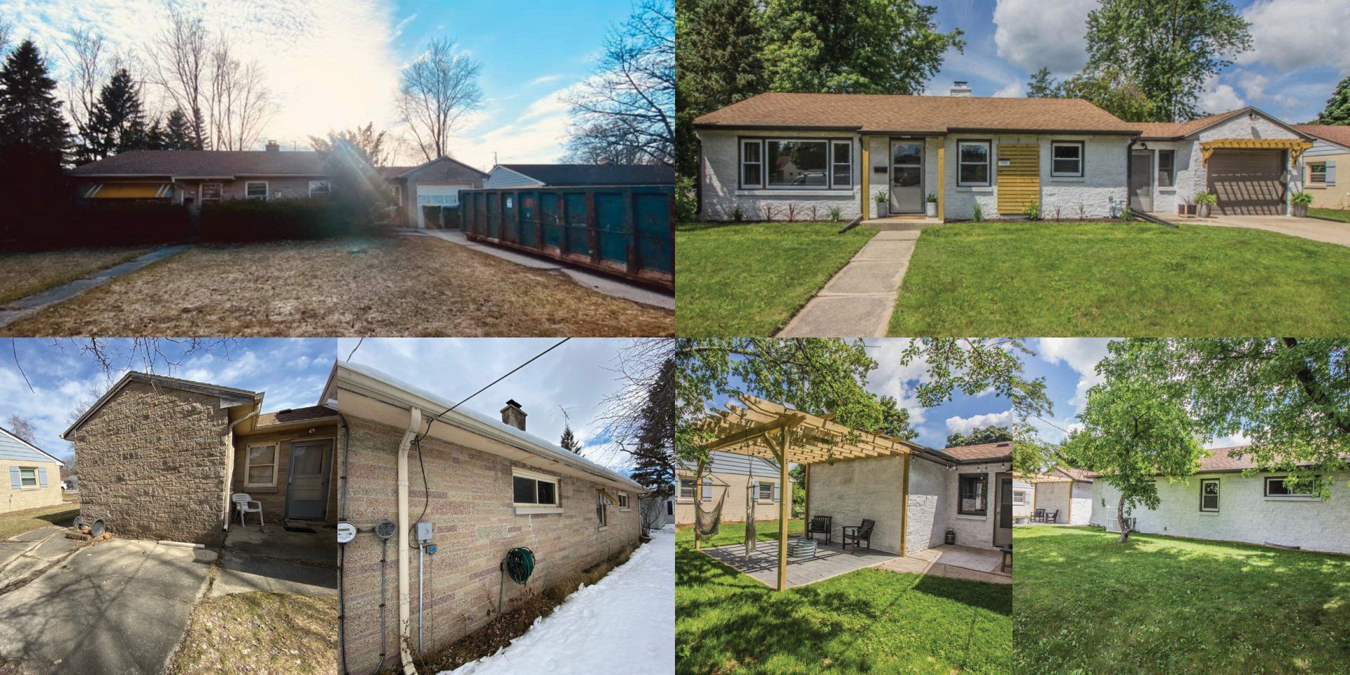A collage of four pictures of a house before and after being remodeled.