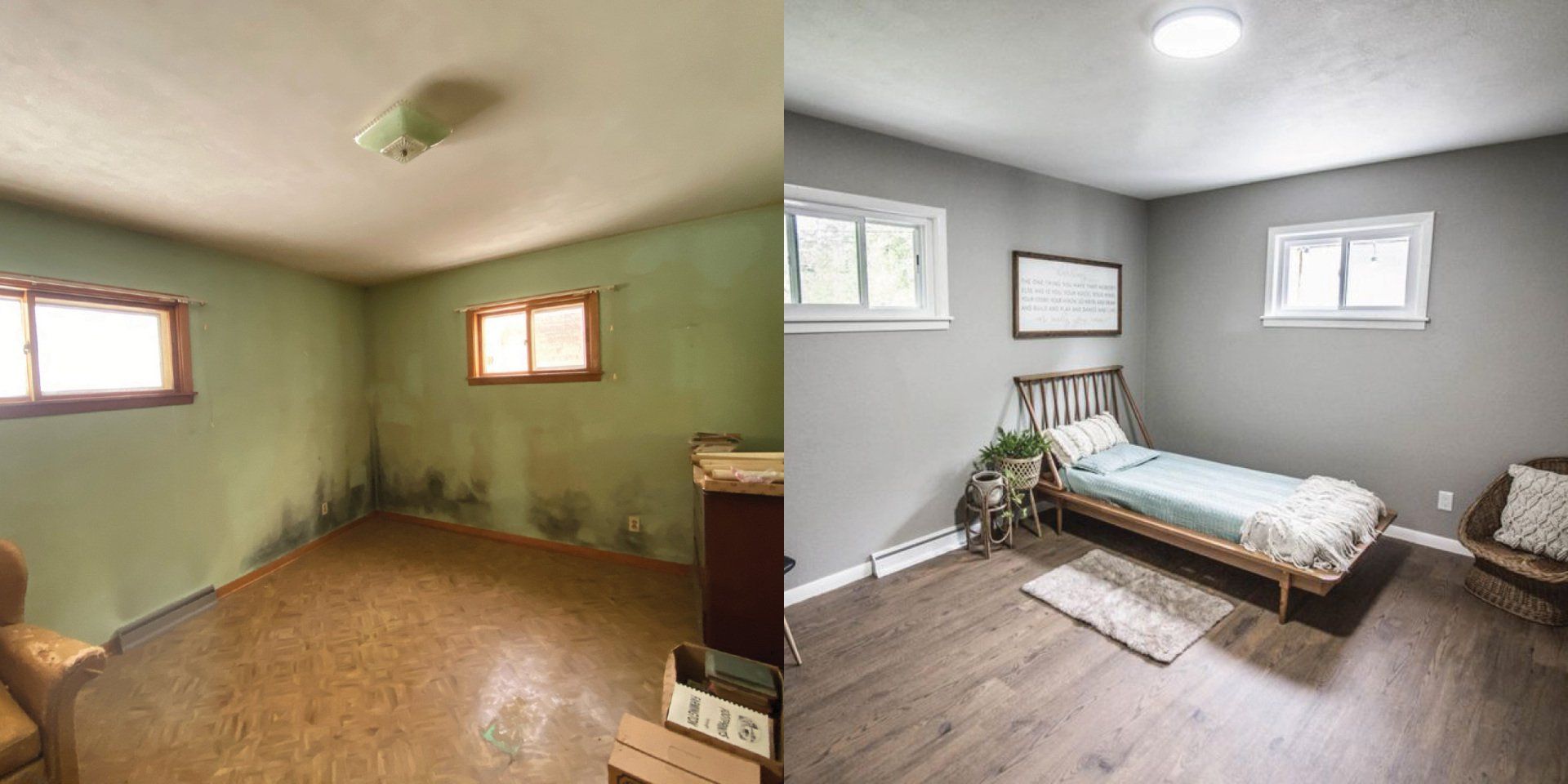 A before and after photo of a bedroom with a bed.