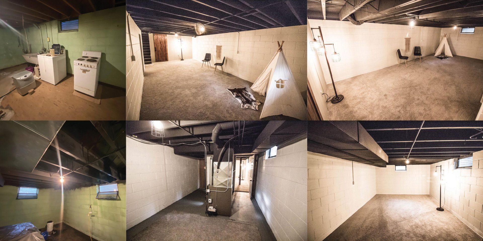 A collage of pictures of an empty basement