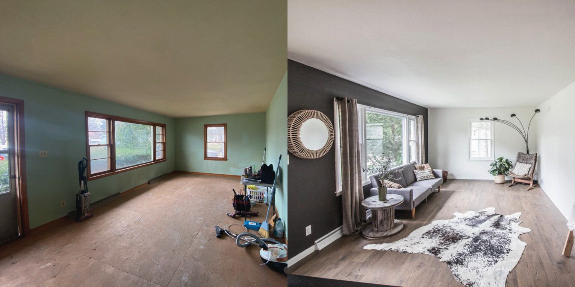 A before and after photo of a living room.