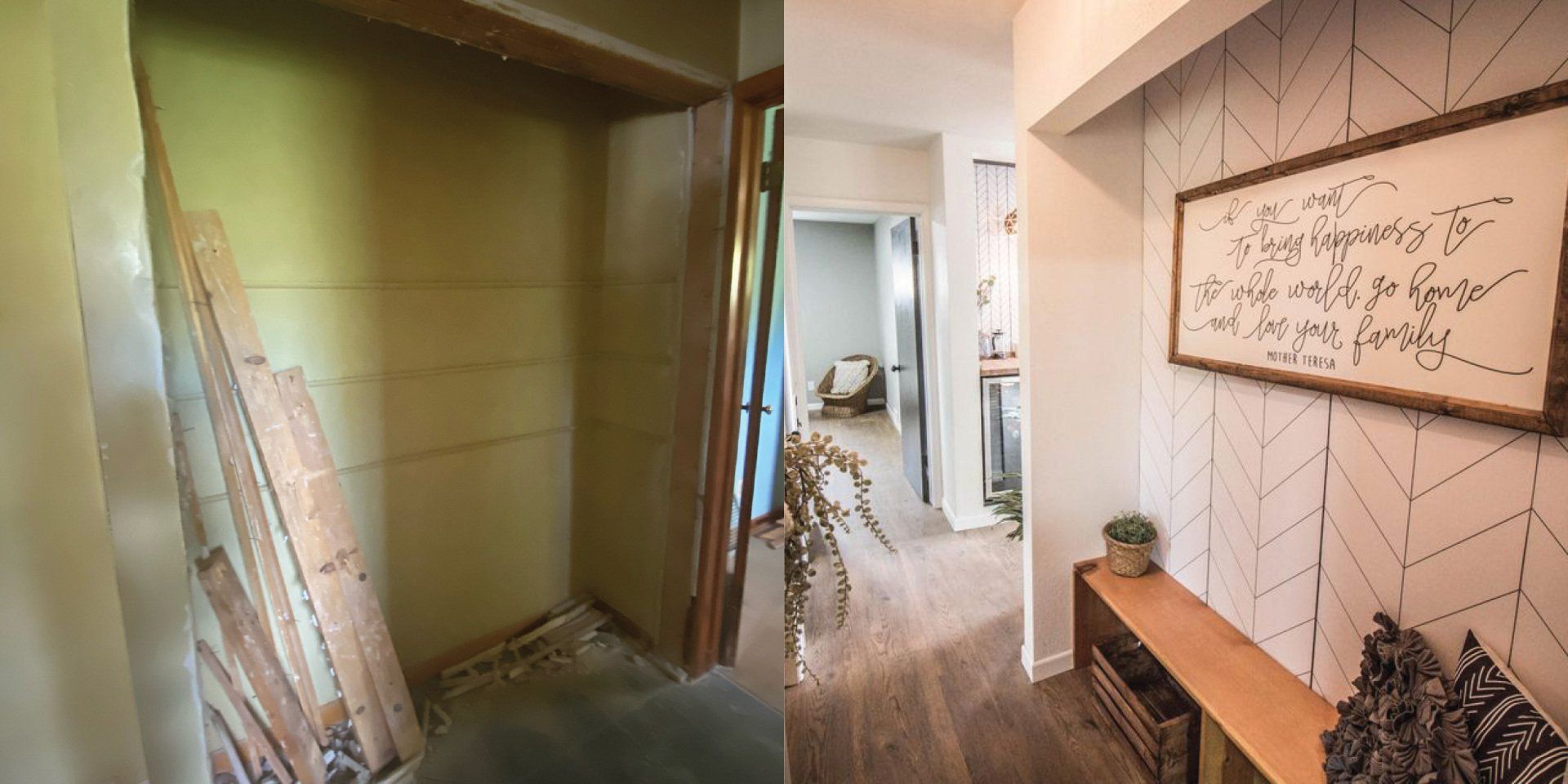 A before and after photo of a closet and a hallway.