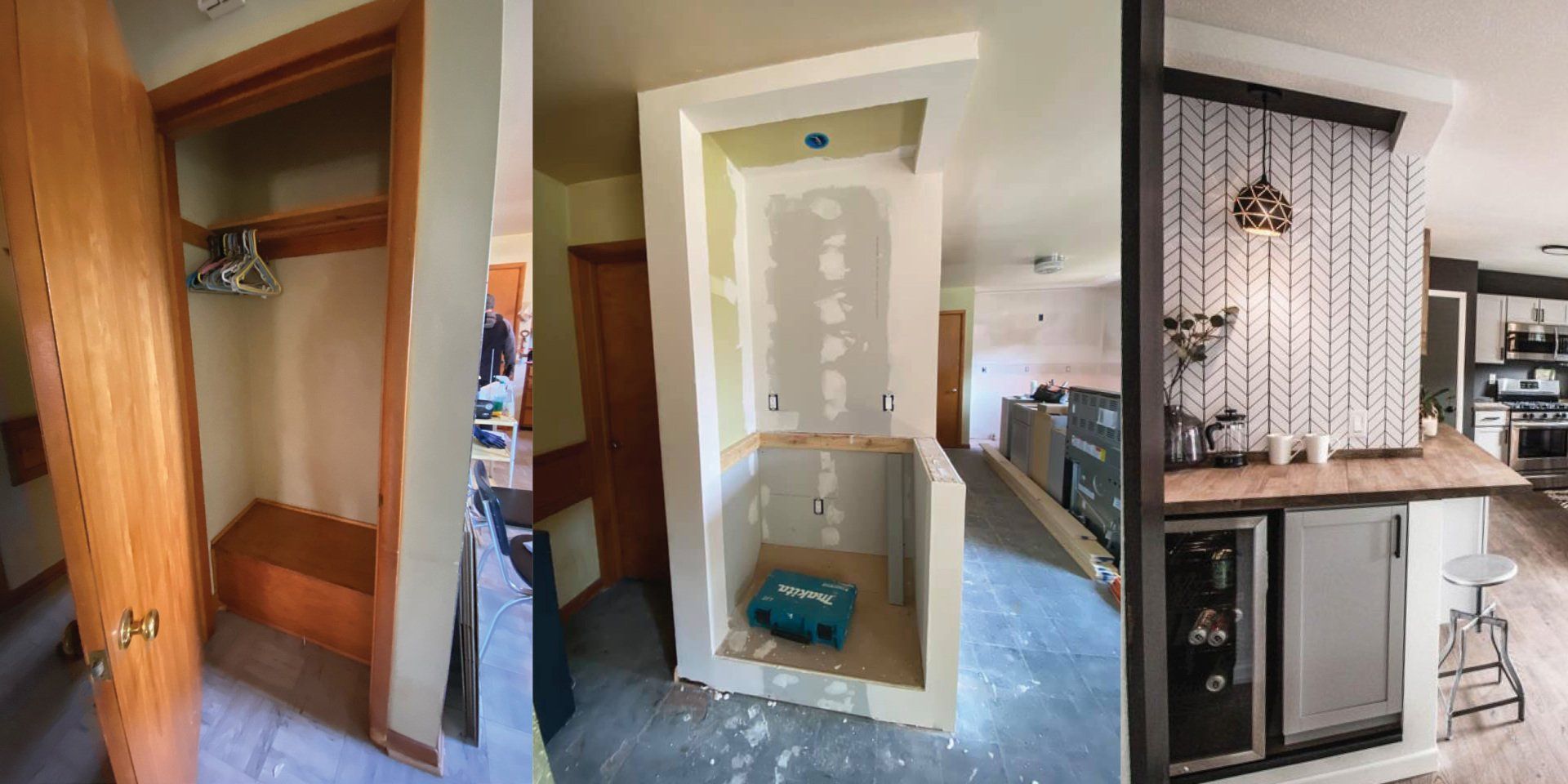 A collage of three pictures of a house being remodeled.