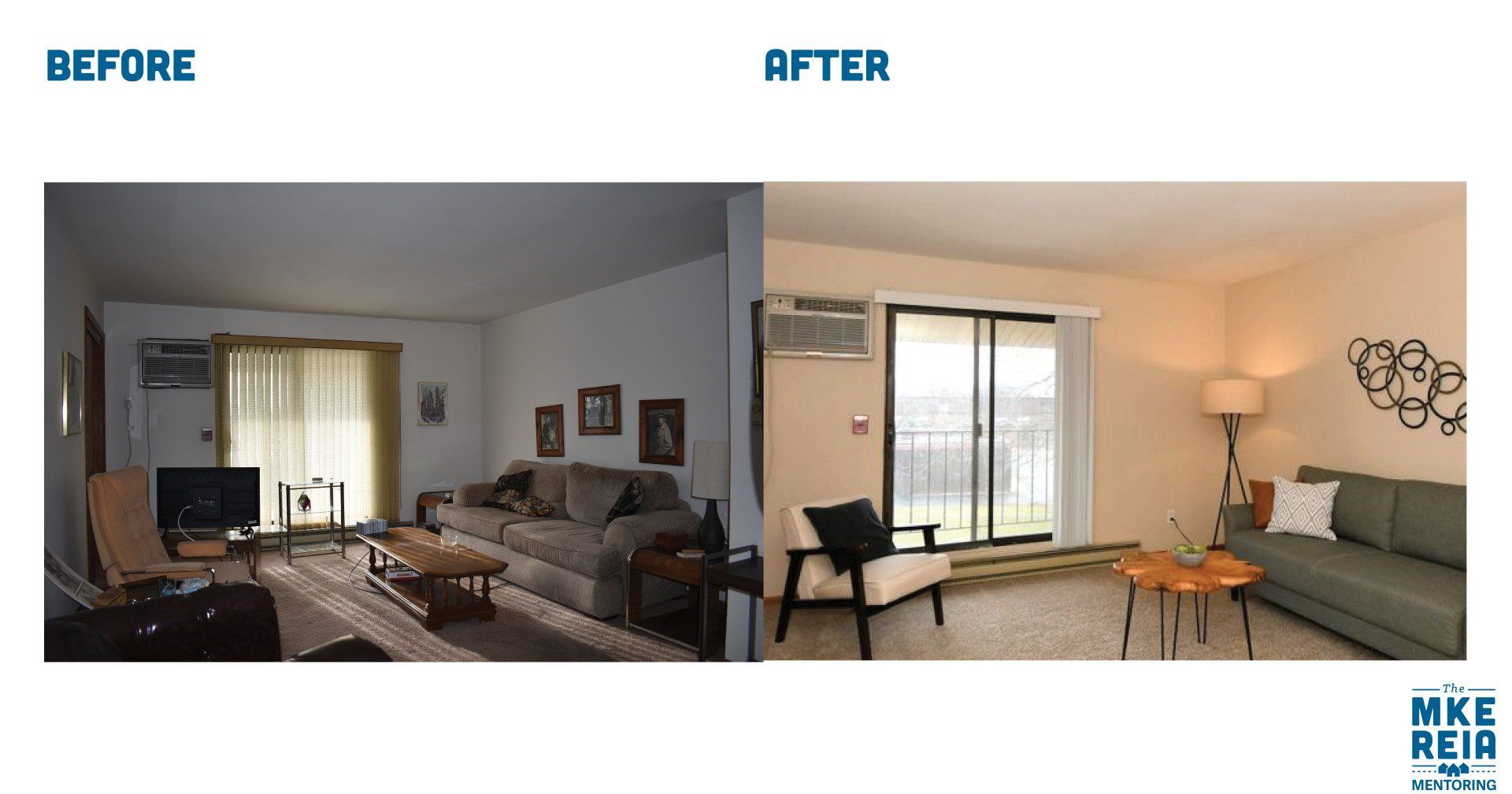 A before and after photo of a living room
