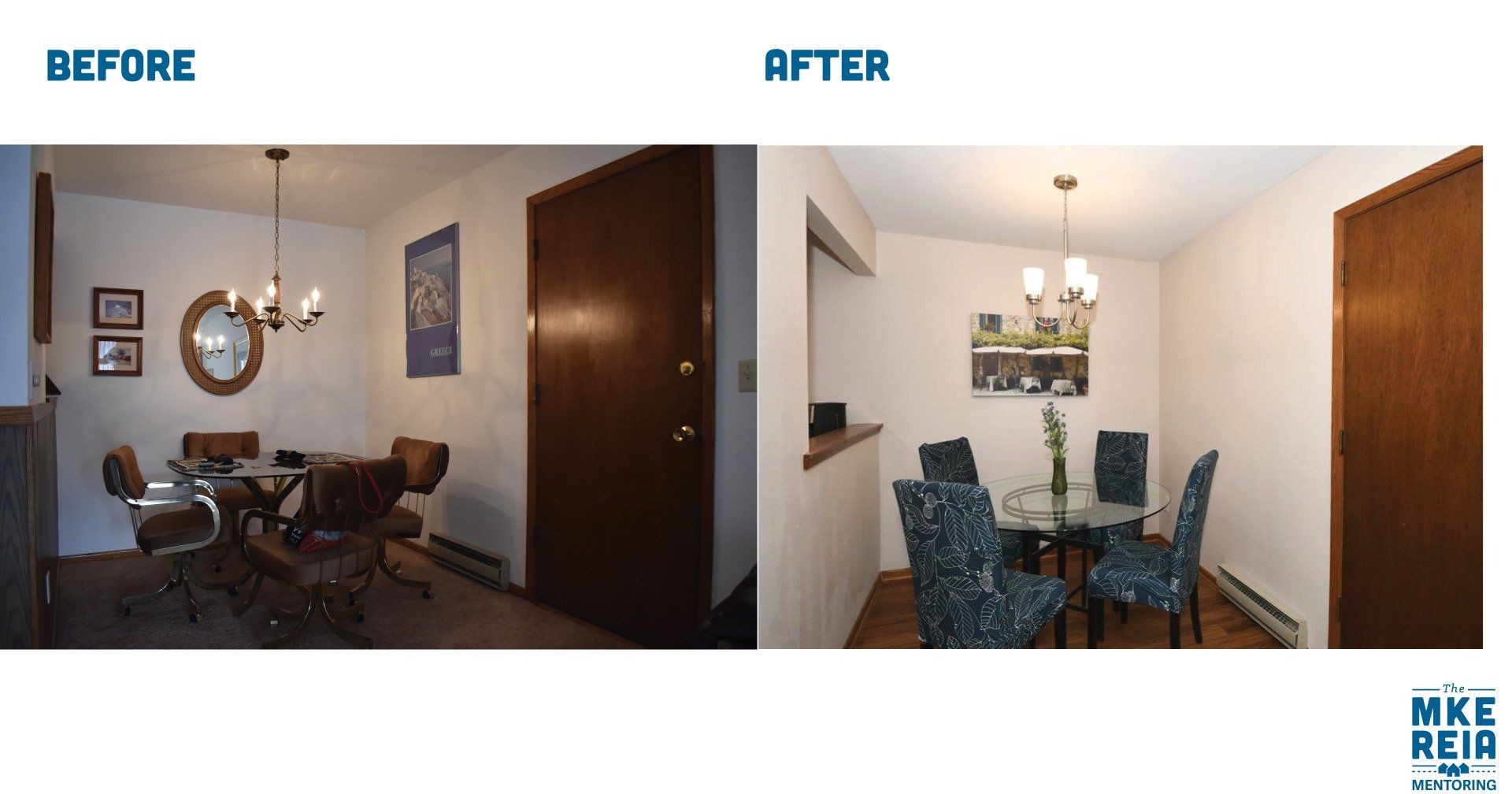 A before and after photo of a dining room