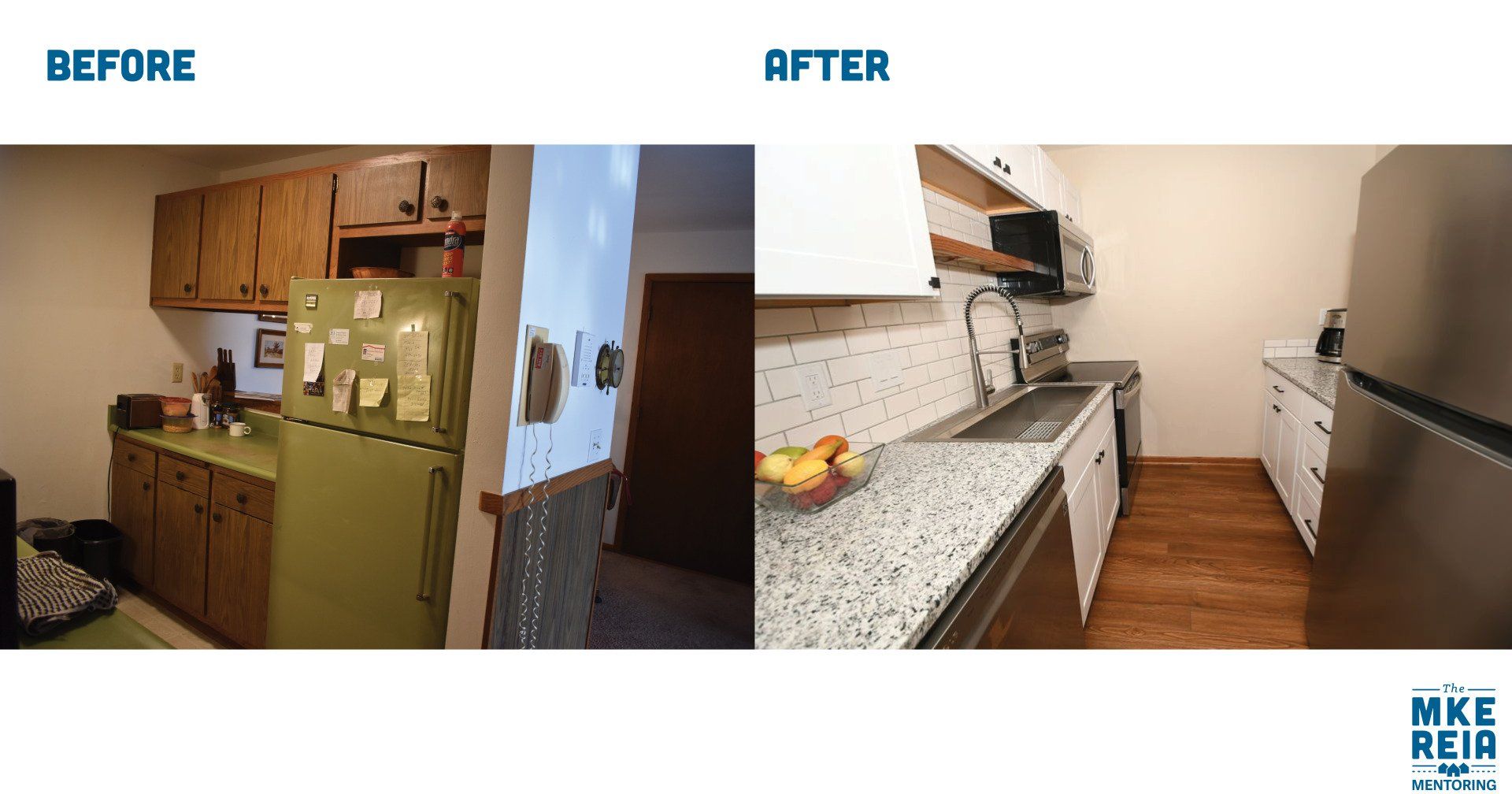 A before and after photo of a kitchen with a green refrigerator
