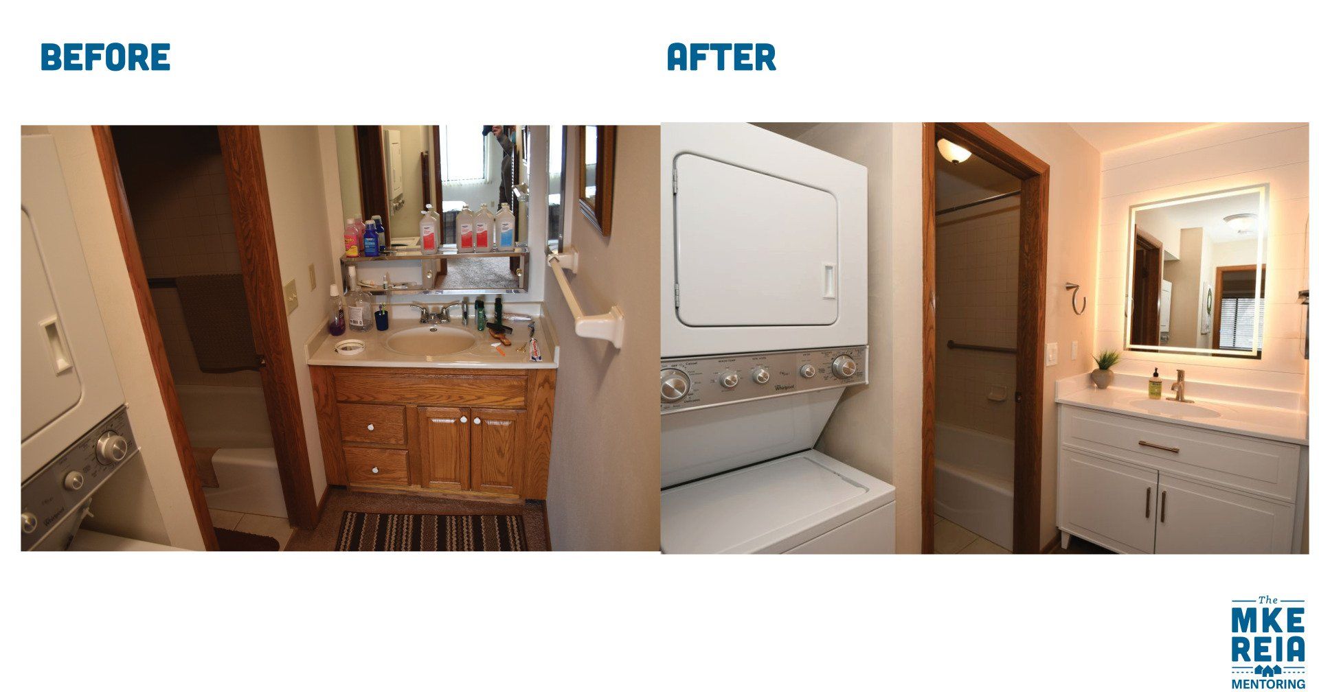 A before and after photo of a bathroom with a washer and dryer