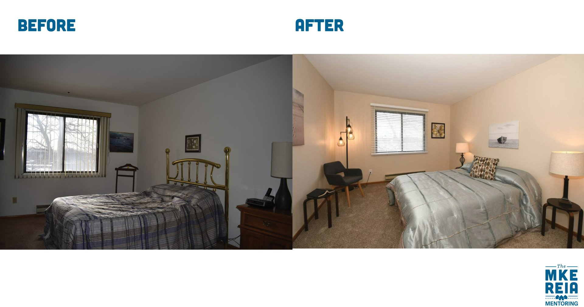 A before and after photo of a bedroom