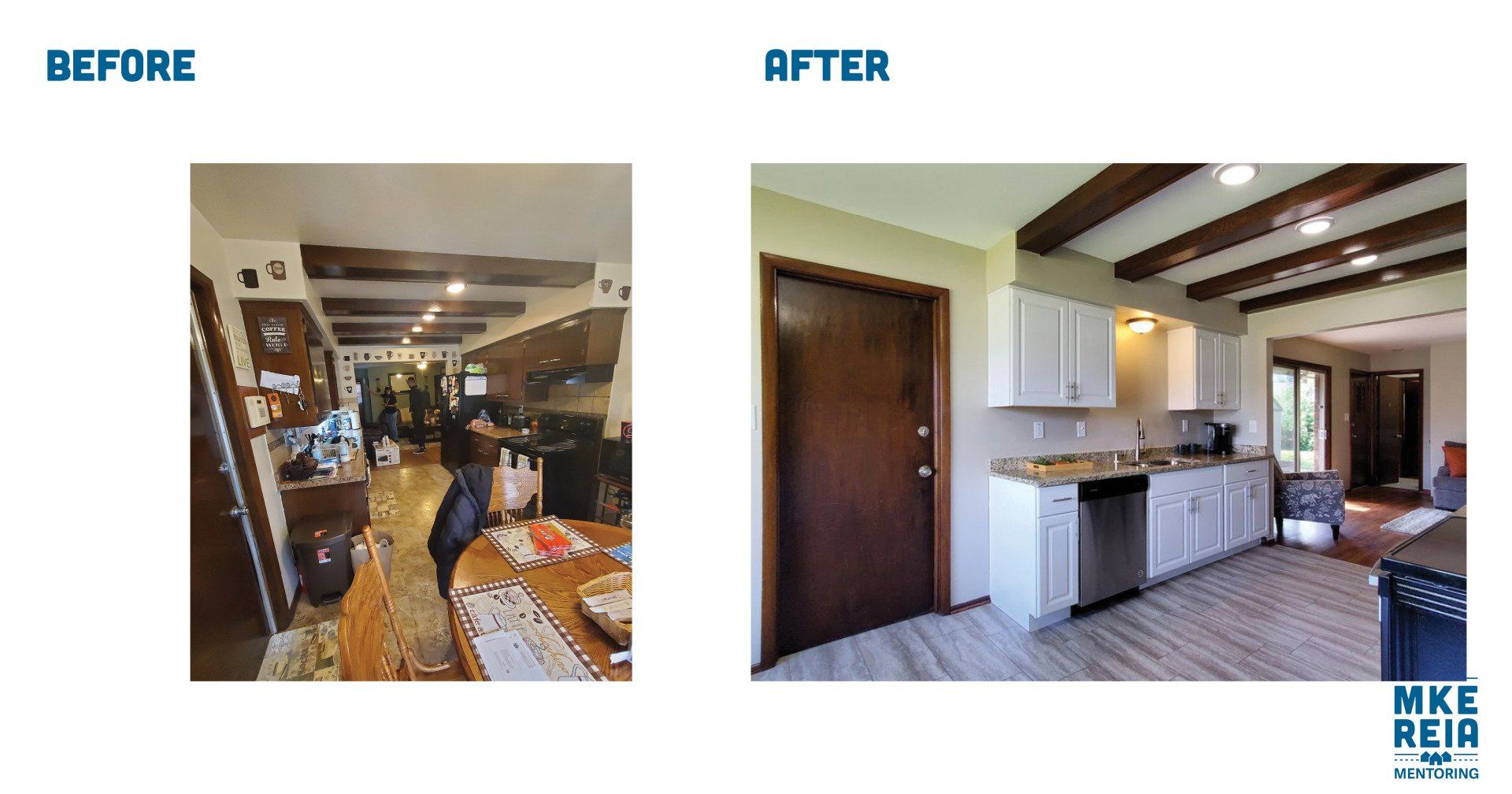 A before and after photo of a kitchen with white cabinets