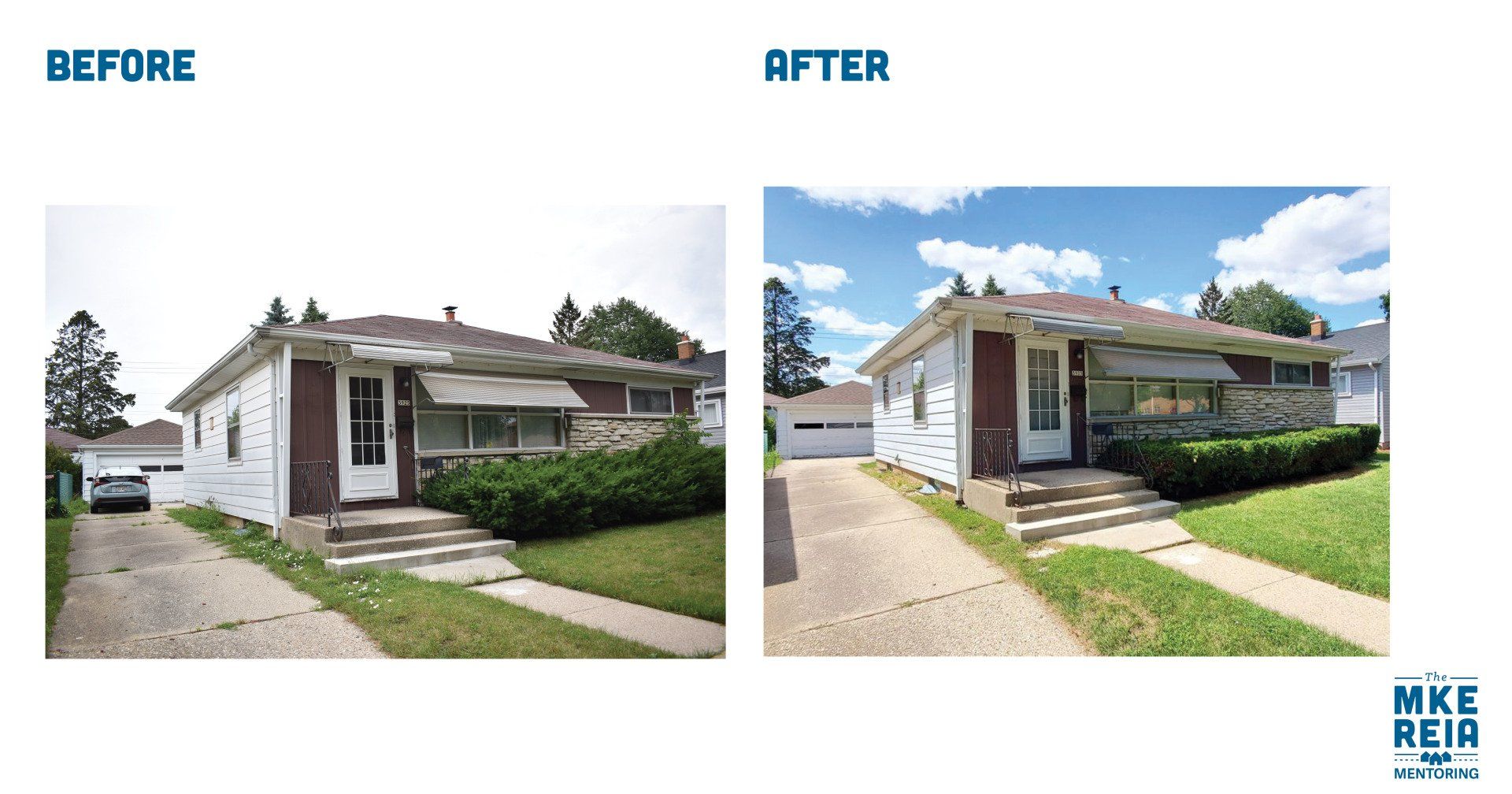 A before and after picture of a house