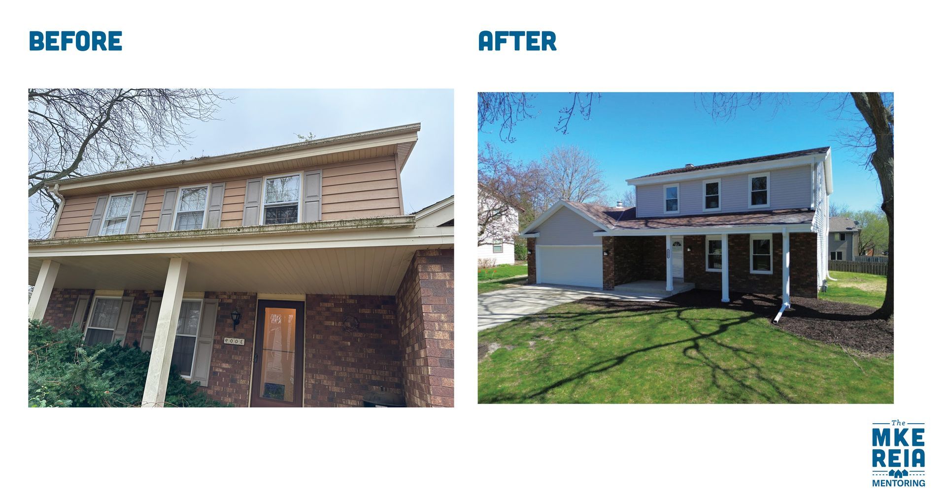 A before and after picture of a brick house
