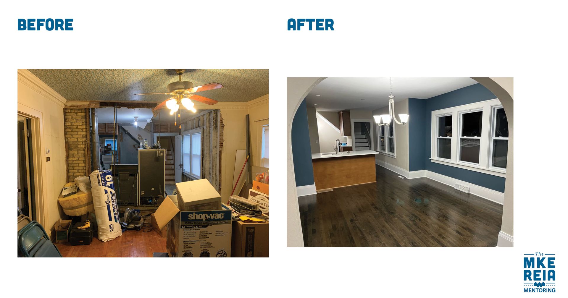 A before and after picture of a living room