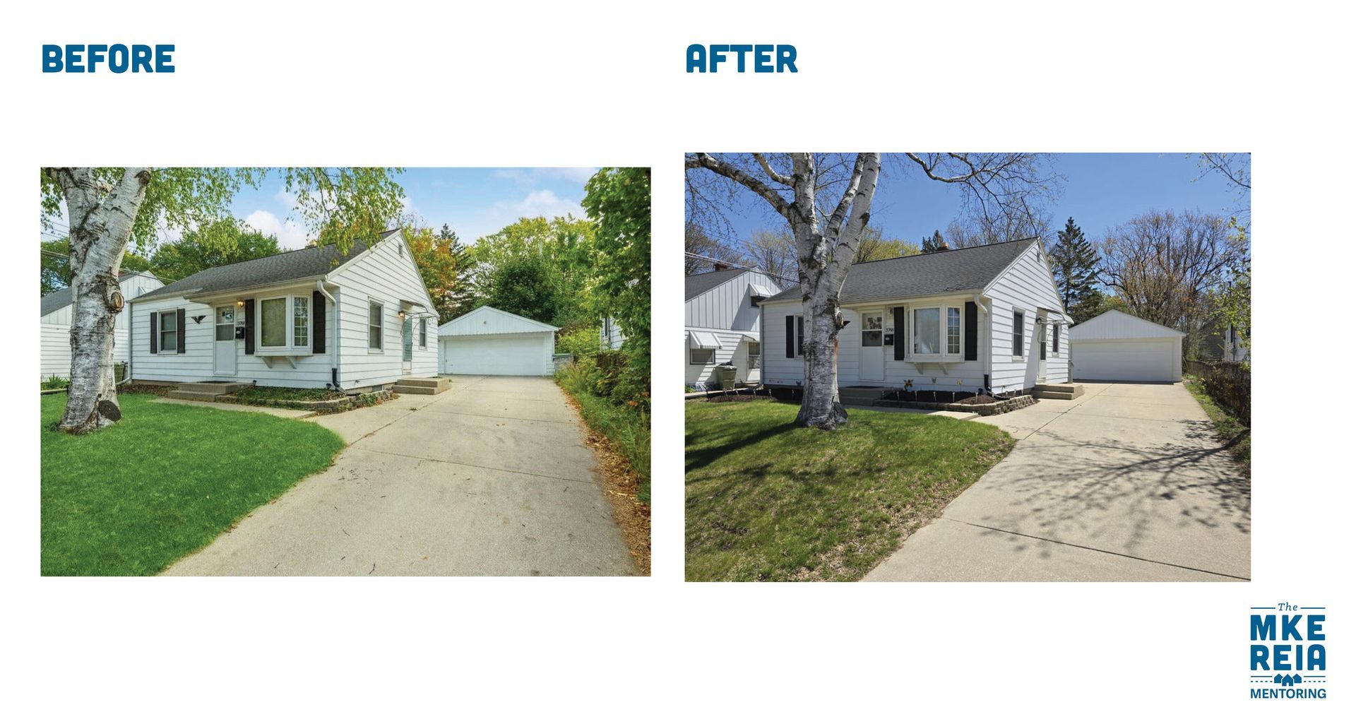 A before and after photo of a white house