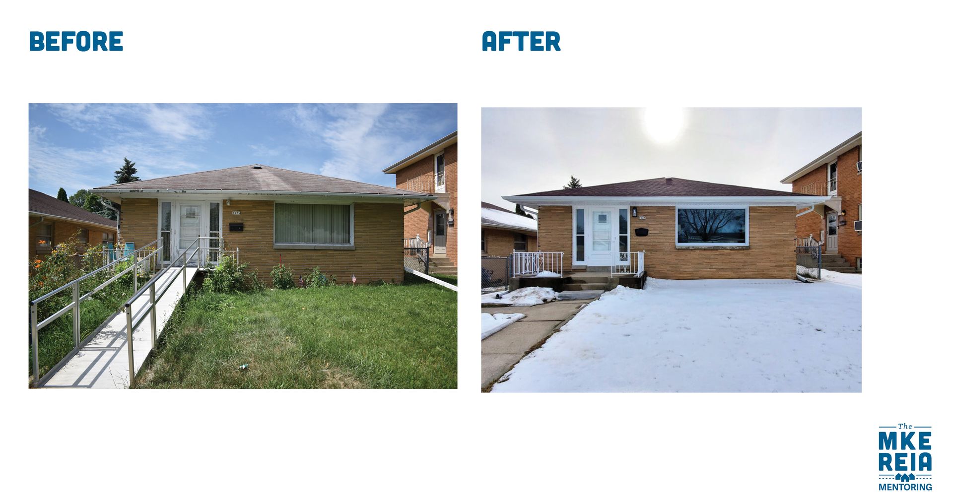 A before and after picture of a brick house