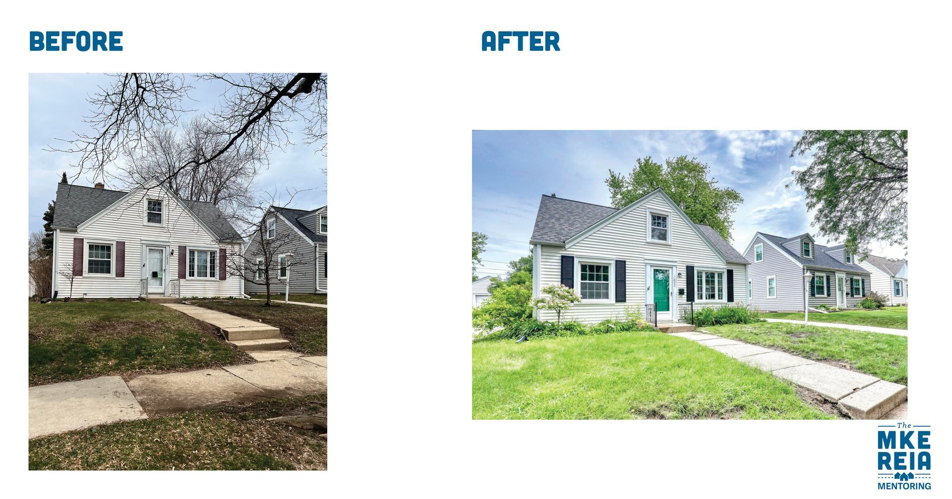A before and after picture of a house with a green door