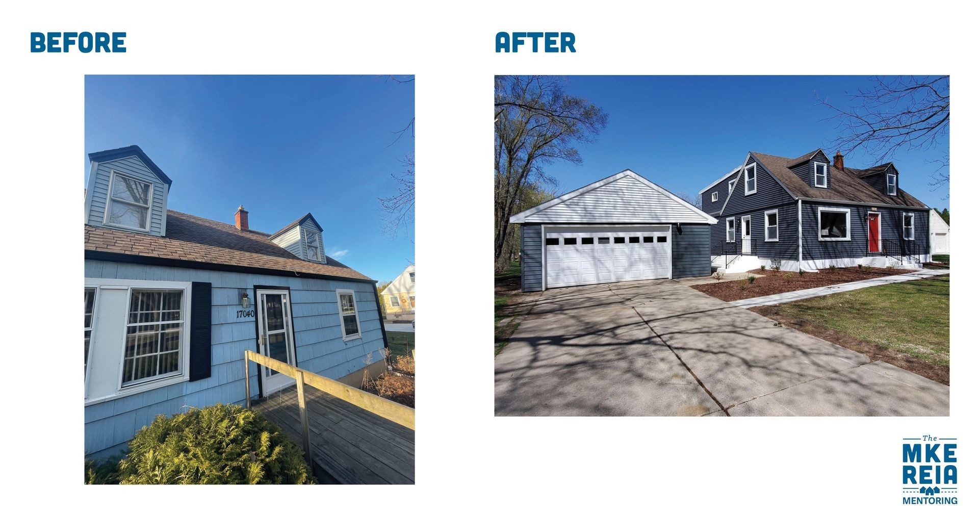 A before and after picture of a house with a garage