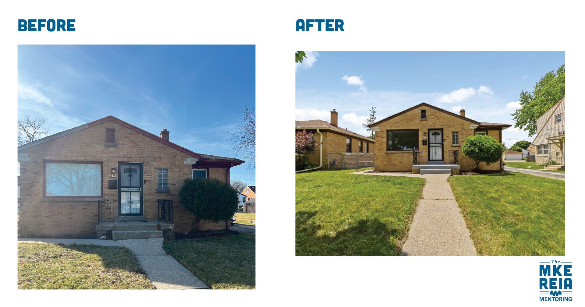 A before and after picture of a brick house