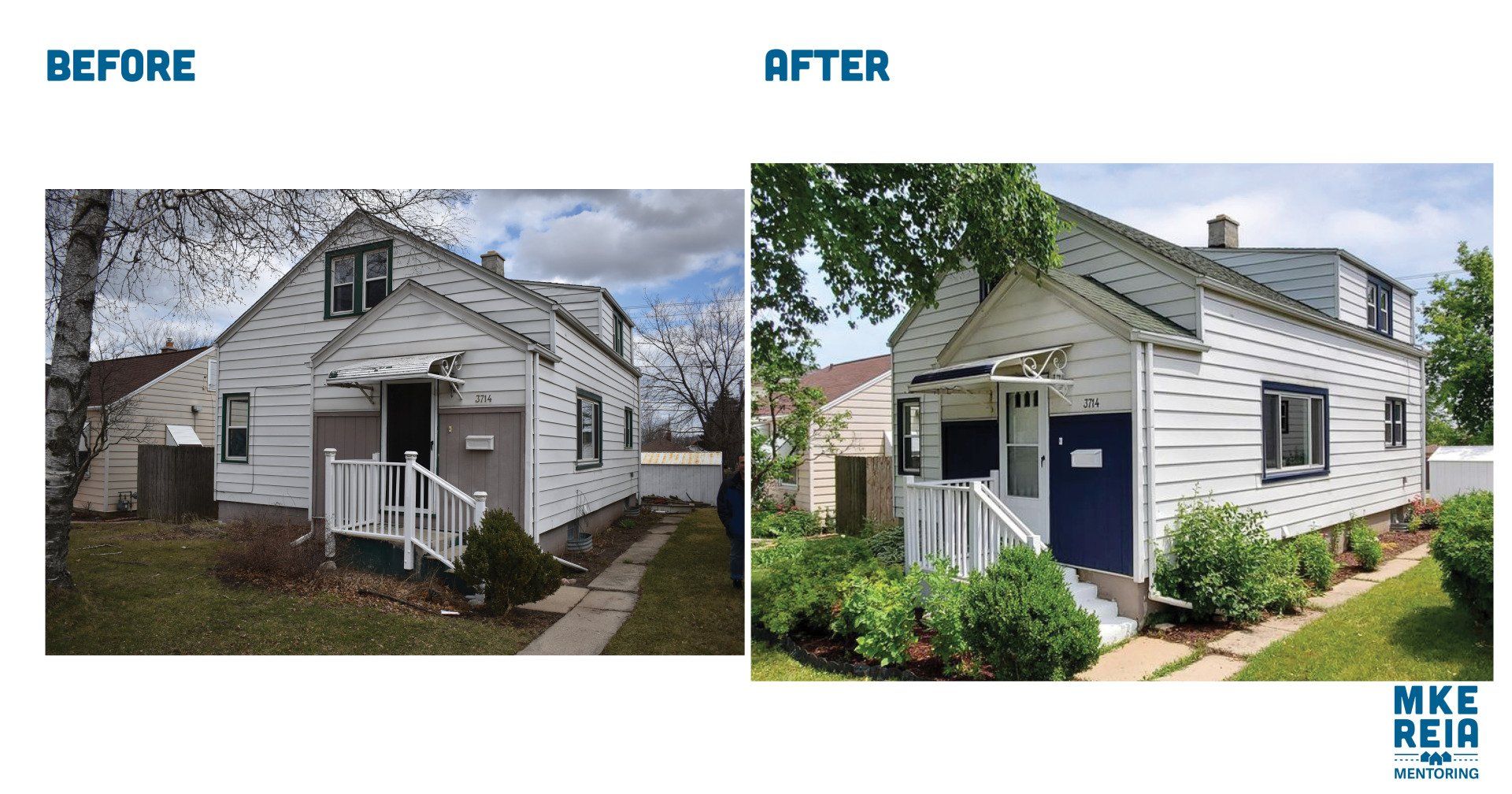 A before and after picture of a white house