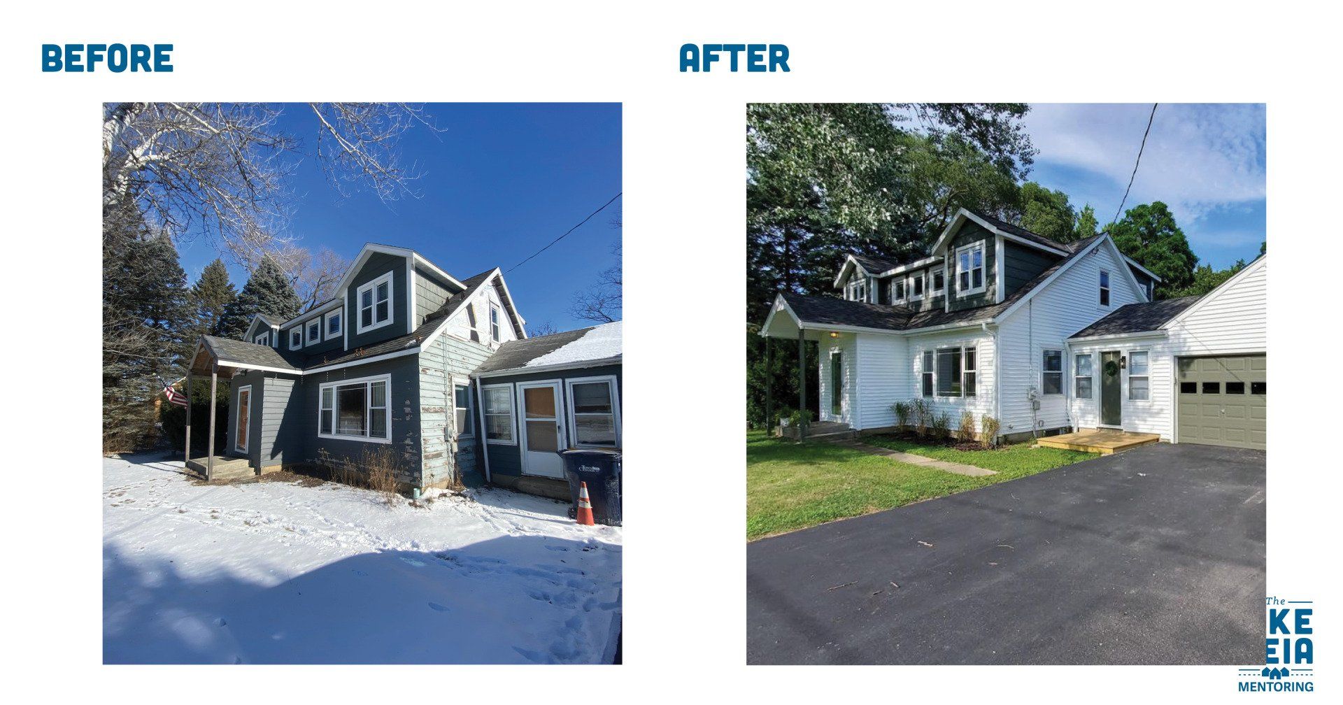 A before and after picture of a house with snow on the ground.
