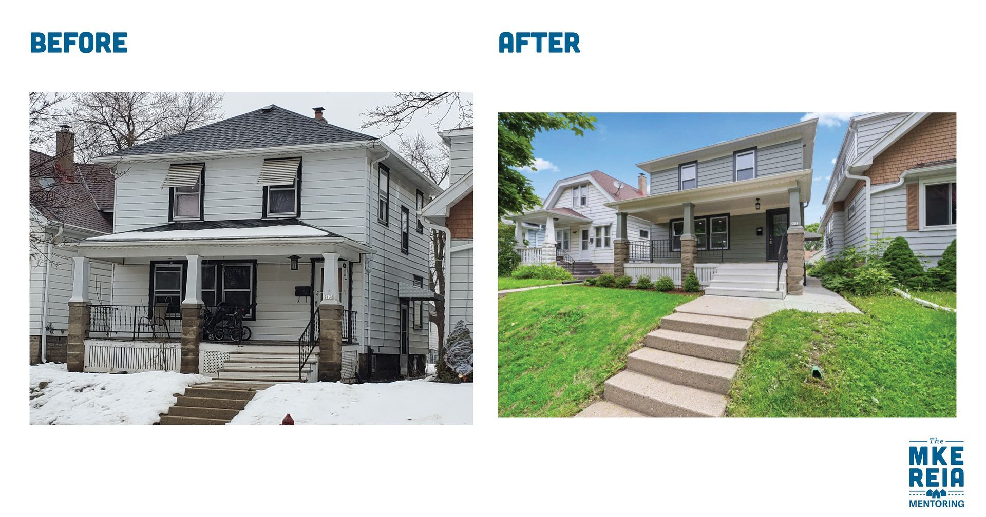 A before and after picture of a house