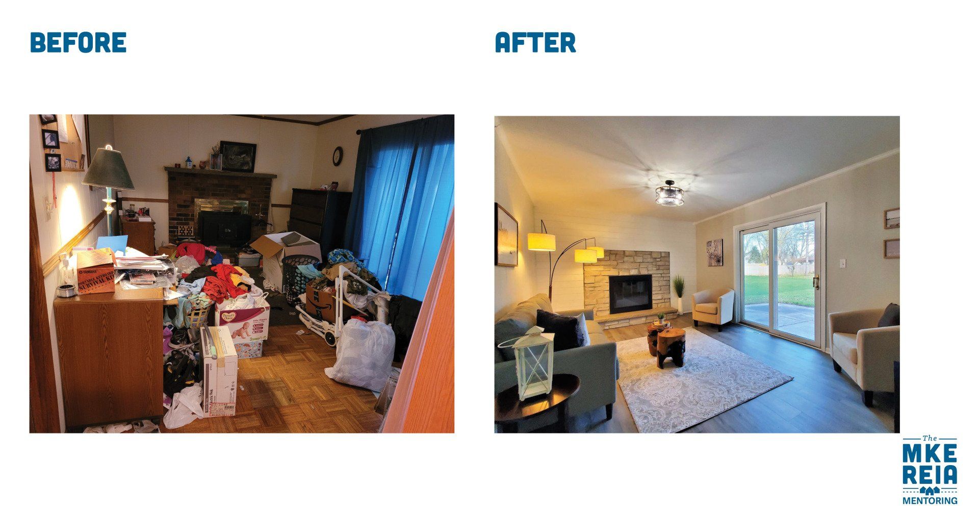 A before and after photo of a living room