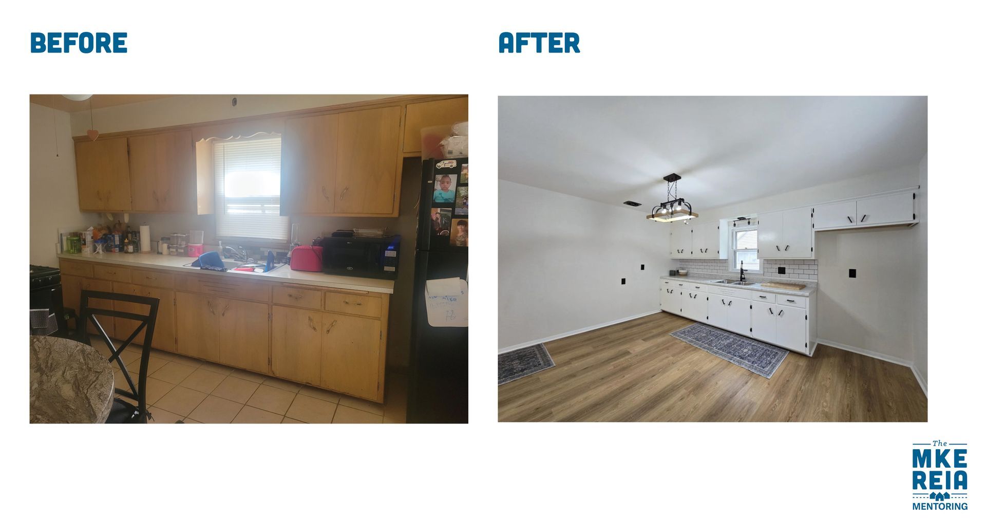 A before and after photo of a kitchen and dining room