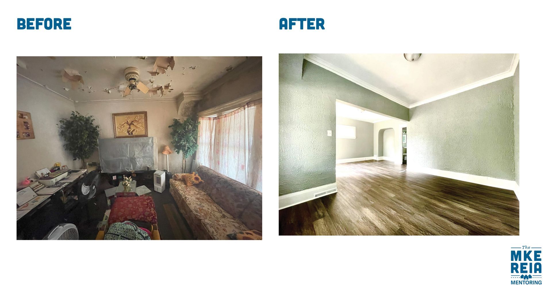 A before and after photo of a living room