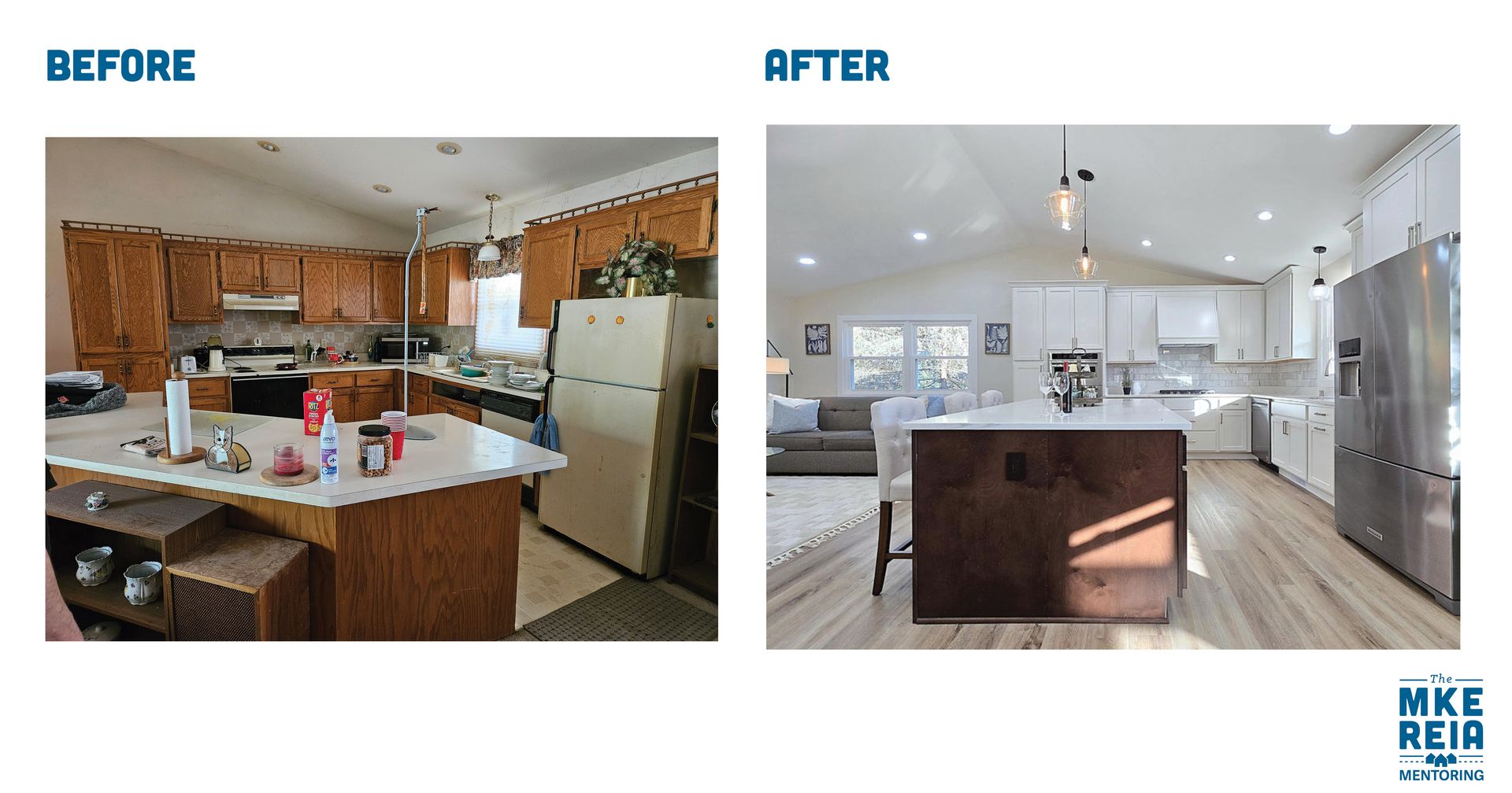 Before and after photos of a kitchen renovation