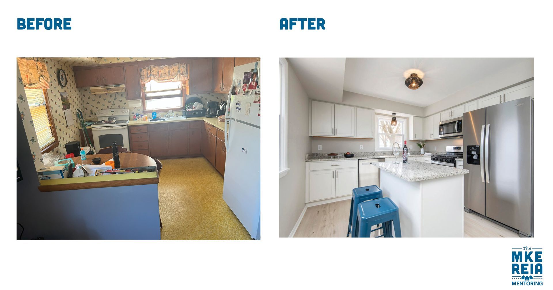 A before and after photo of a kitchen with a stainless steel refrigerator