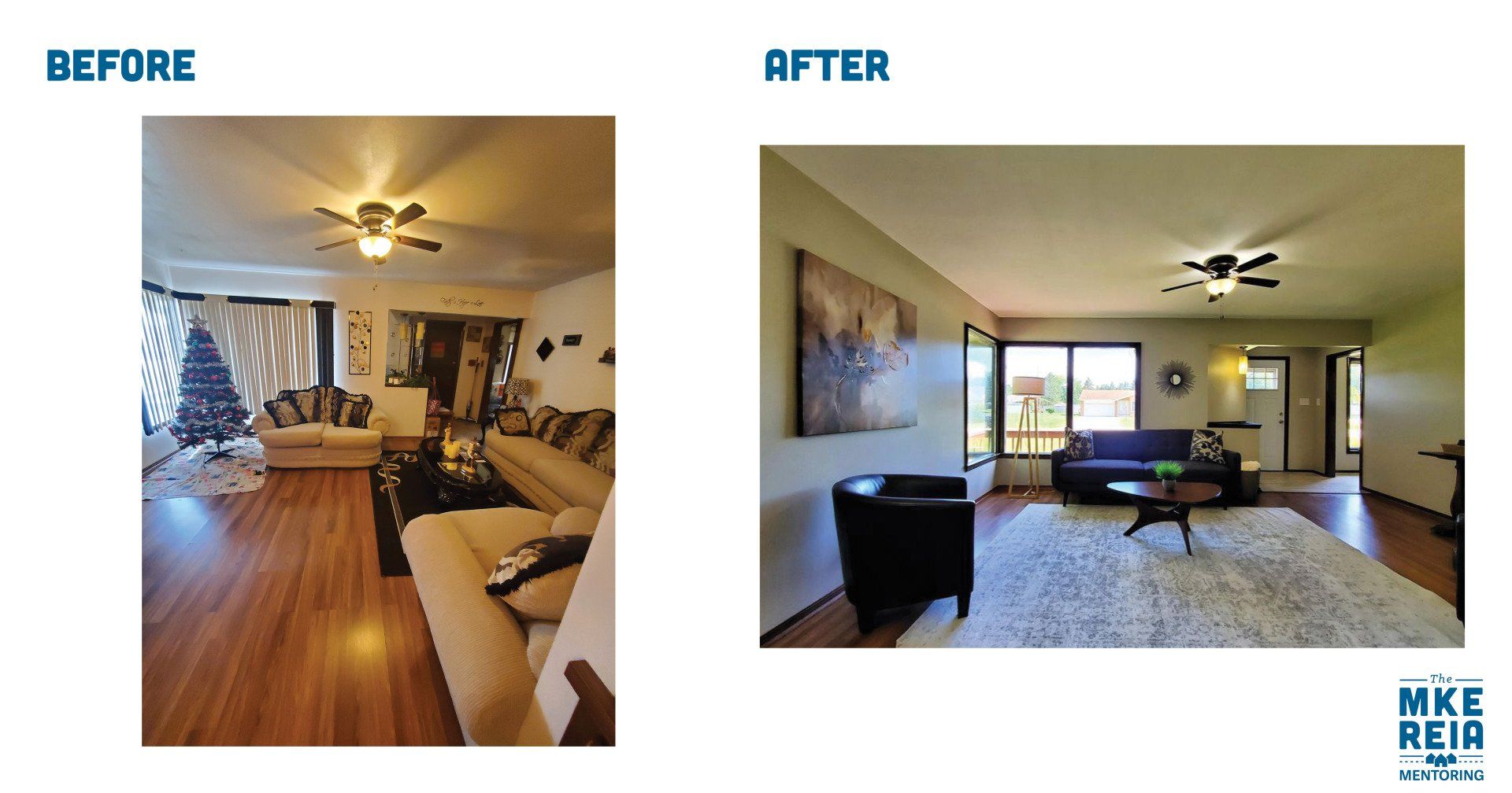A before and after photo of a living room