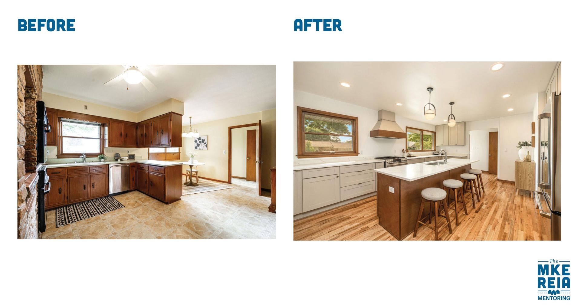 A before and after photo of a kitchen with wooden cabinets