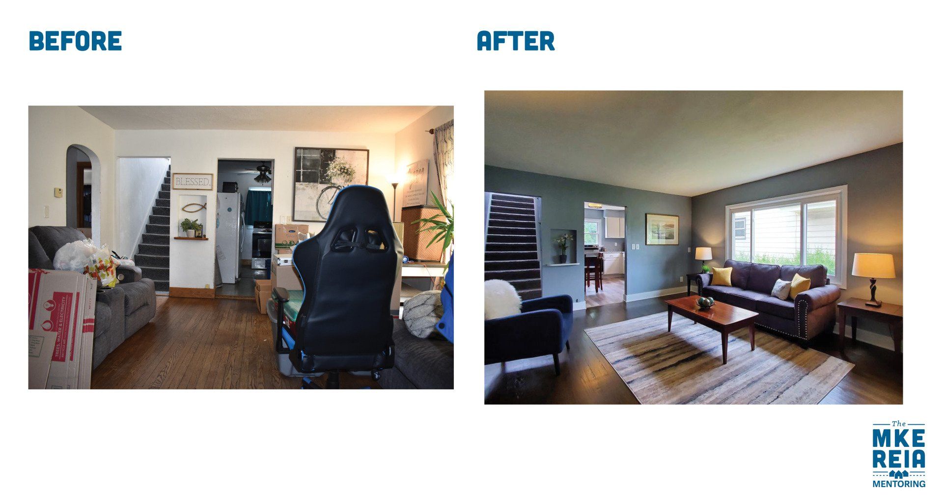 A before and after photo of a living room