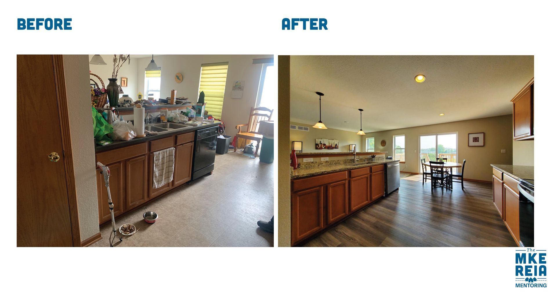 A before and after photo of a kitchen and dining room
