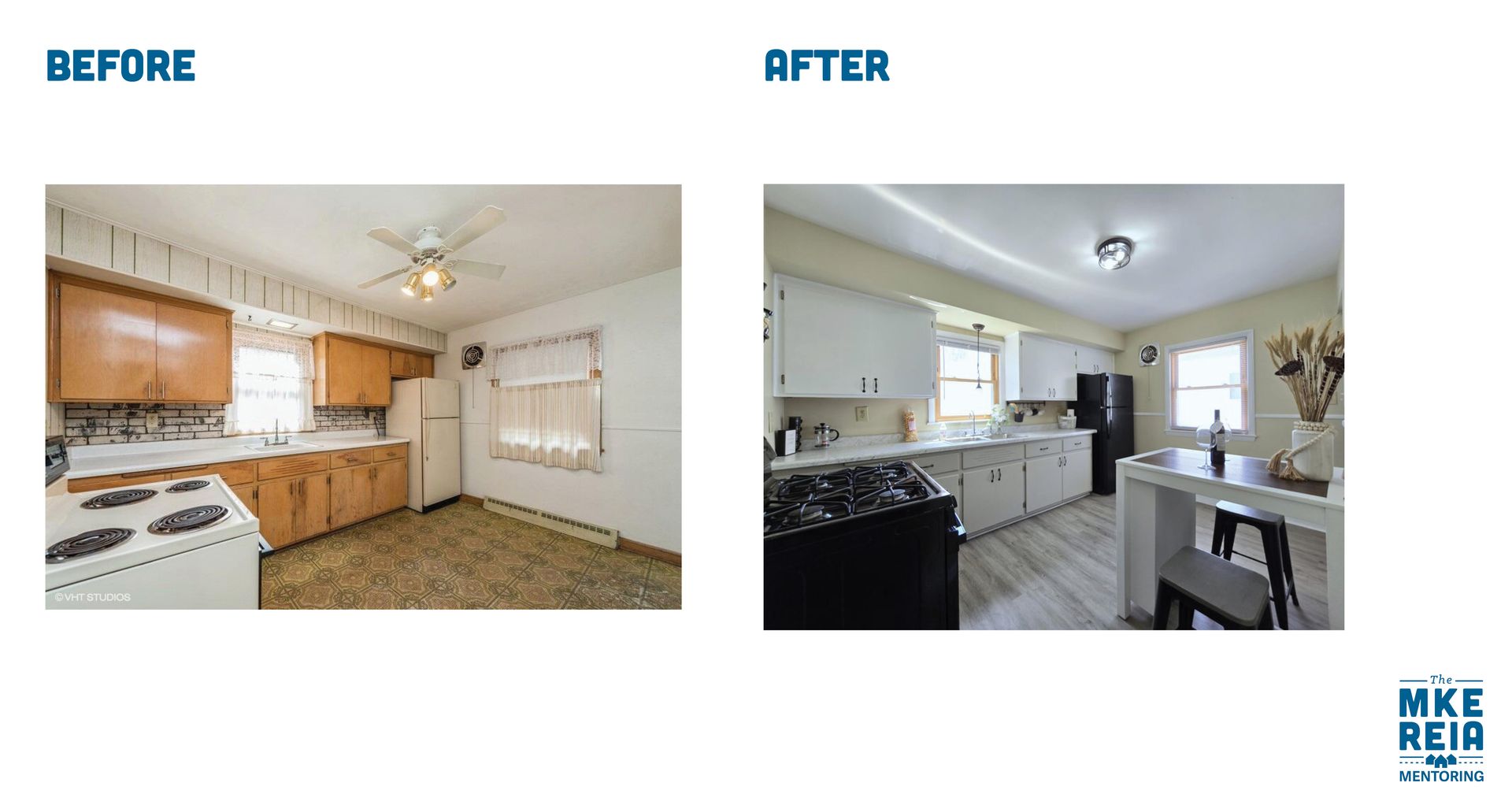 A before and after photo of a kitchen with white cabinets