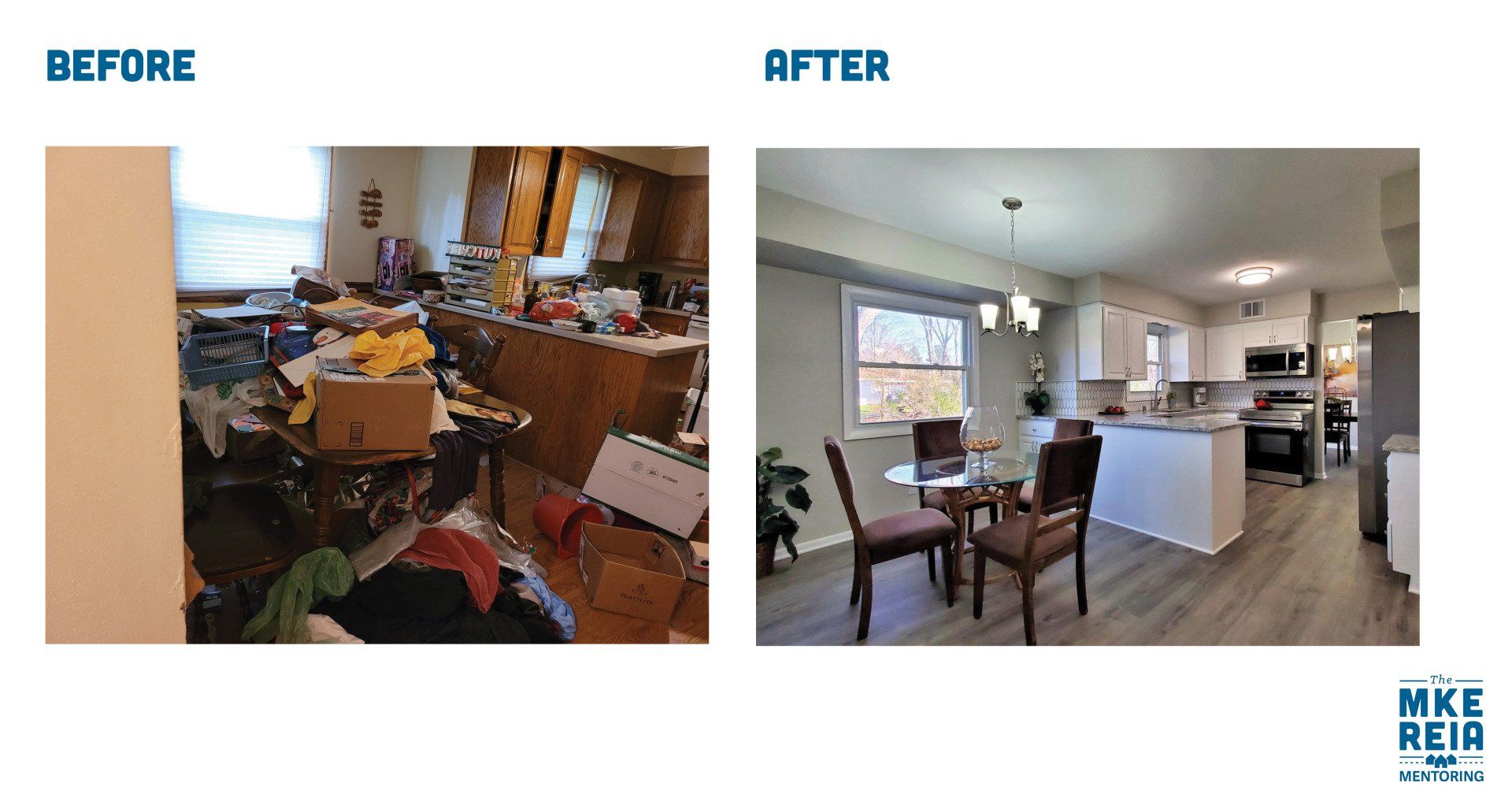A before and after photo of a kitchen and dining room.